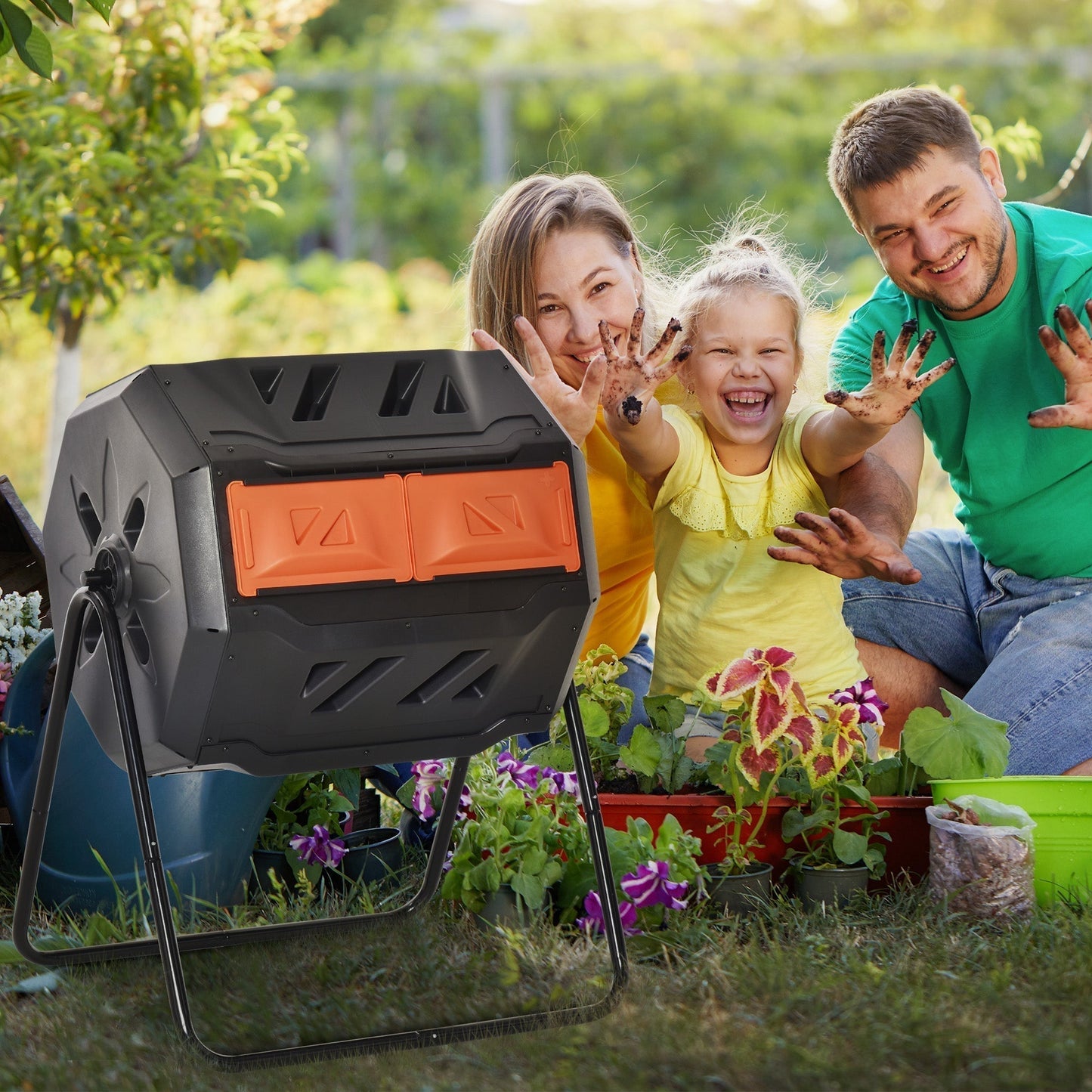 Outsunny 160L 360 Rotating Dual Chamber Composter - Orange
