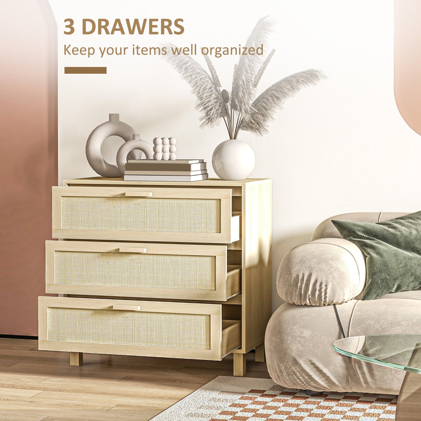 HOMCOM Chest of Drawer and Nightstands, Boho Rattan Furniture Set, Nature Wood Finish
