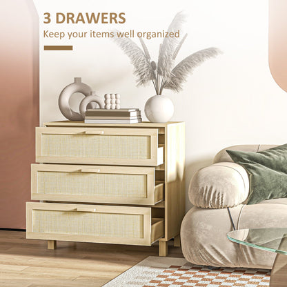 HOMCOM Chest of Drawer and Nightstands, Boho Rattan Furniture Set, Nature Wood Finish