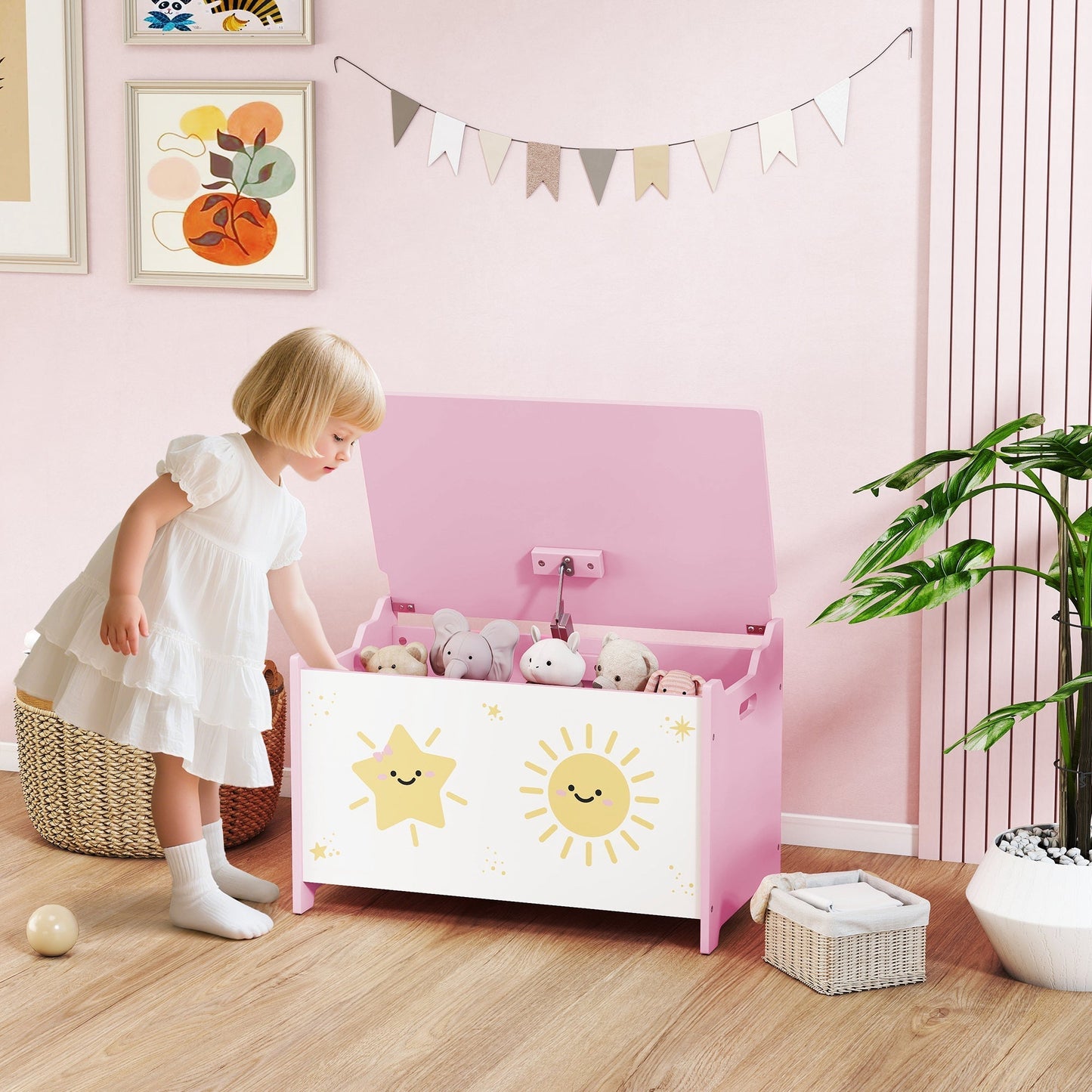 AIYAPLAY Toy Box with Lid, Safety Hinges and Groove Handles, Toy Storage organiser for Kids, Living Room, Playroom, Pink
