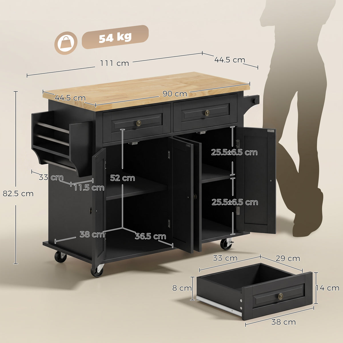 HOMCOM Kitchen Island on Wheels in Black