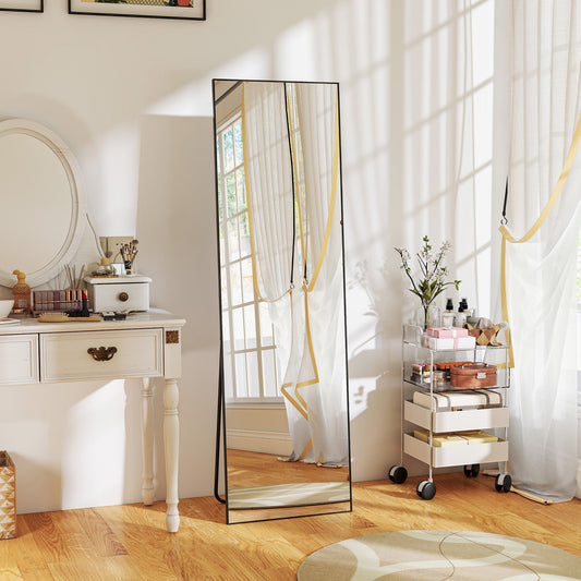 HOMCOM Full Length Mirror, Aluminium Alloy Framed Full Body Mirror with Tempered Glass, Standing or Wall Hanging, Black
