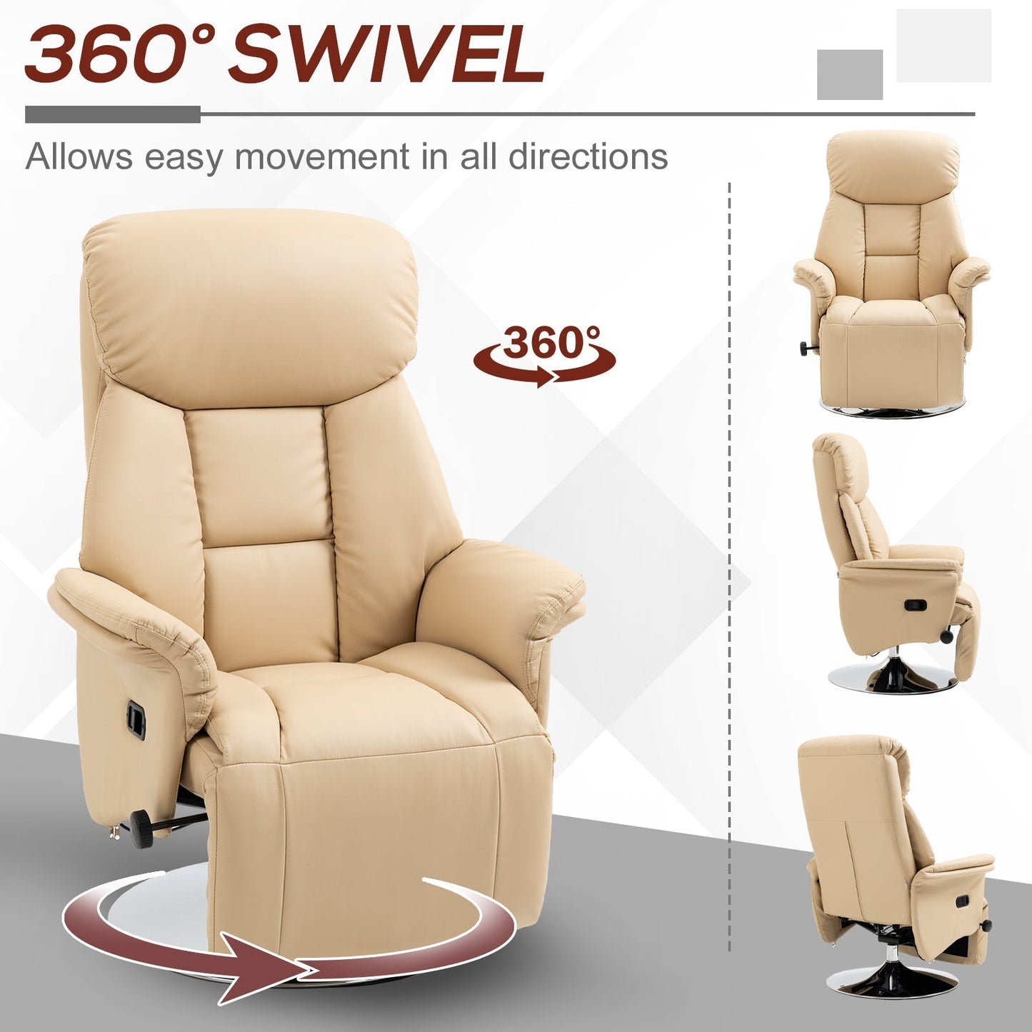 HOMCOM Adjustable Swivel Recliner, Manual Recliner Chair with Footrest, Padded Arms, PU Leather Upholstery, Beige