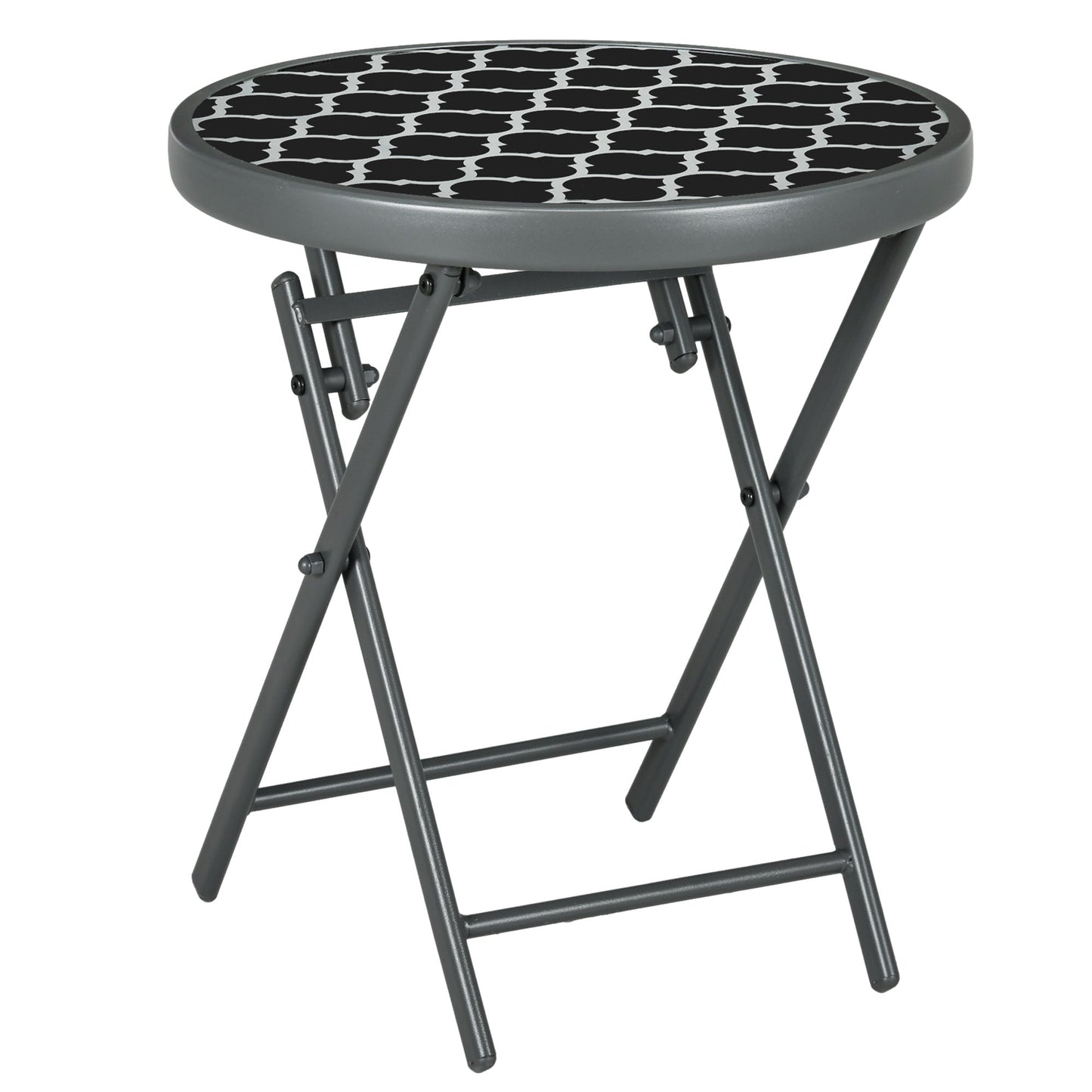 Outsunny Φ45cm Garden Side Table, Outdoor Round Folding Patio Table with Imitation Marble Glass Top, Small Coffee Table, Black and White