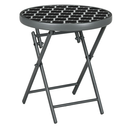 Outsunny Φ45cm Garden Side Table, Outdoor Round Folding Patio Table with Imitation Marble Glass Top, Small Coffee Table, Black and White