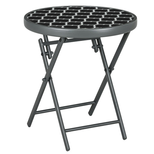 Outsunny Φ45cm Garden Side Table, Outdoor Round Folding Patio Table with Imitation Marble Glass Top, Small Coffee Table, Black and White