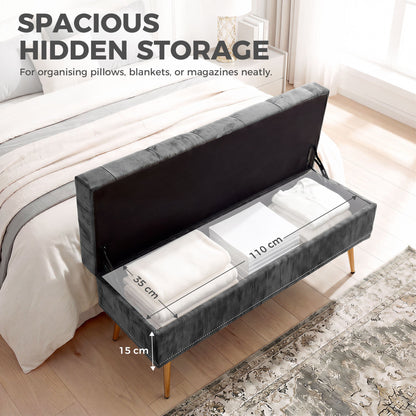 HOMCOM Storage Ottoman, Chenille Upholstered Ottoman Storage Box with Padded Seat, Metal Legs, 114 x 41 x 45 cm, Grey
