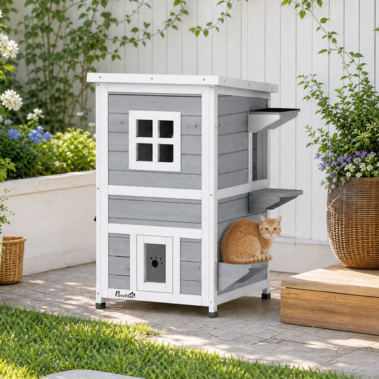 PawHut Wooden Cat House 2-Floor Outdoor Kitten Shelter in Grey