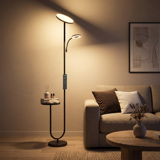 HOMCOM Uplighter Floor Lamp with Table and Reading Light in Black