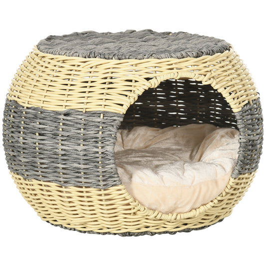 PawHut Wicker Cat House, Rattan Raised Cat Bed, Cosy Kitten Cave with Soft Washable Cushion, 40 x 30cm