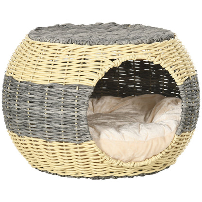 PawHut Wicker Cat House, Rattan Raised Cat Bed, Cosy Kitten Cave with Soft Washable Cushion, a40 x 30cm