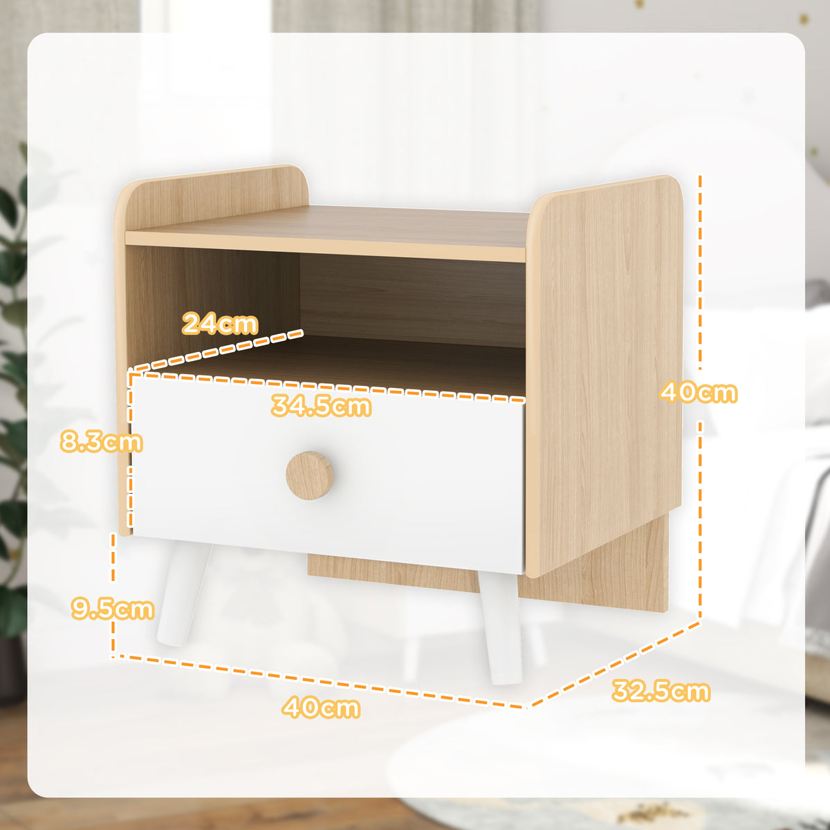 AIYAPLAY Kids Bedside Table in Natural Wood and White Drawer and Legs