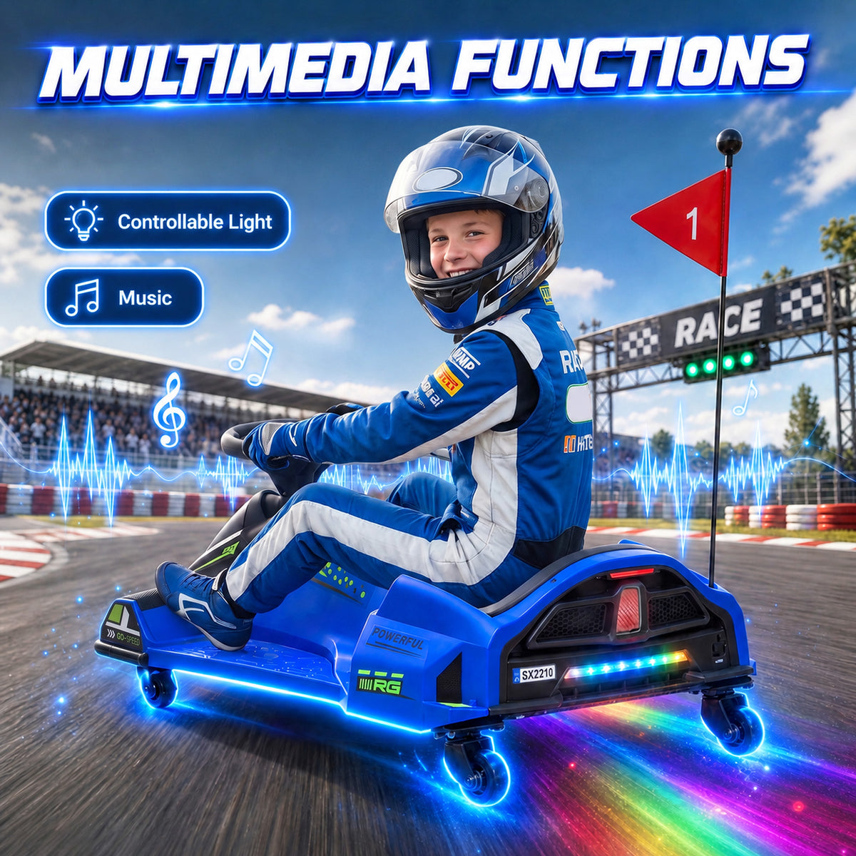 HOMCOM 12V Kids Electric Go Kart, Ride on Drift Car with 2 Speeds, Soft Start, Music, Colourful LED Lights for Ages 8-12, Blue