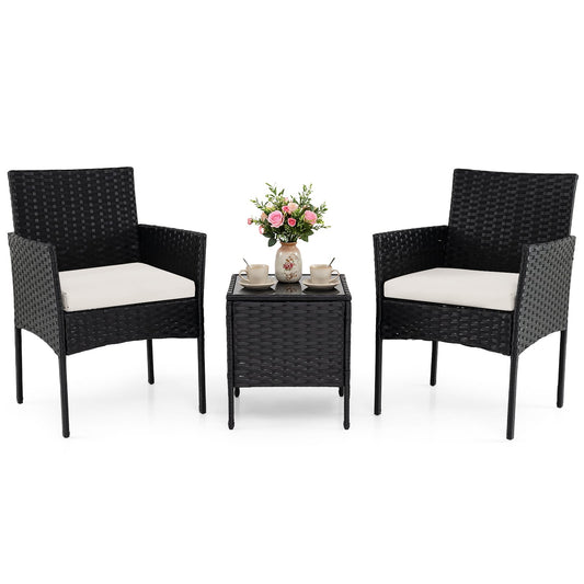 Garden Furniture Set 3-piece Rattan Balcony Furniture Set with 2 Cushioned Chairs-Beige