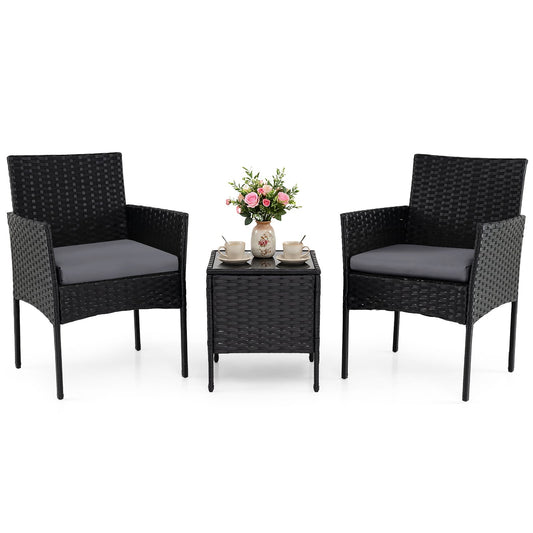 Garden Furniture Set 3-piece Rattan Balcony Furniture Set with 2 Cushioned Chairs-Grey