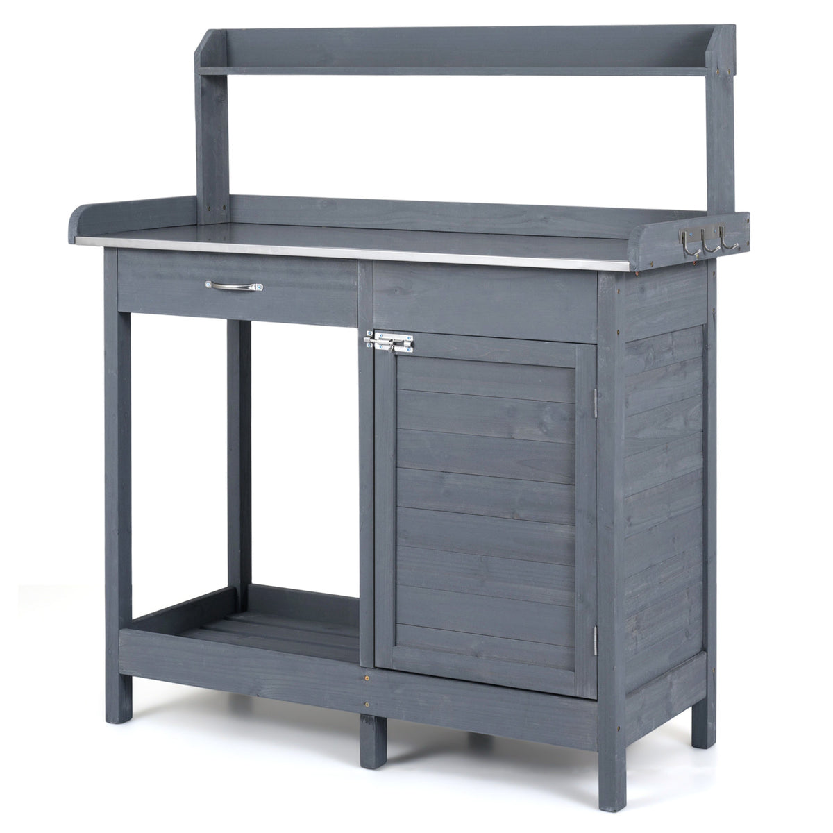 Garden Potting Bench with Stainless Steel Top and Lockable Cabinet for Yard-Grey