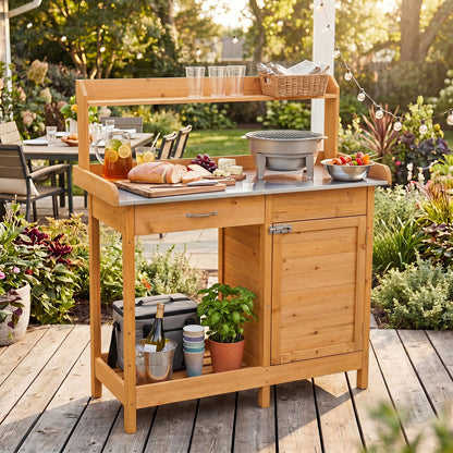 Garden Potting Bench with Stainless Steel Top and Lockable Cabinet for Yard-Yellow