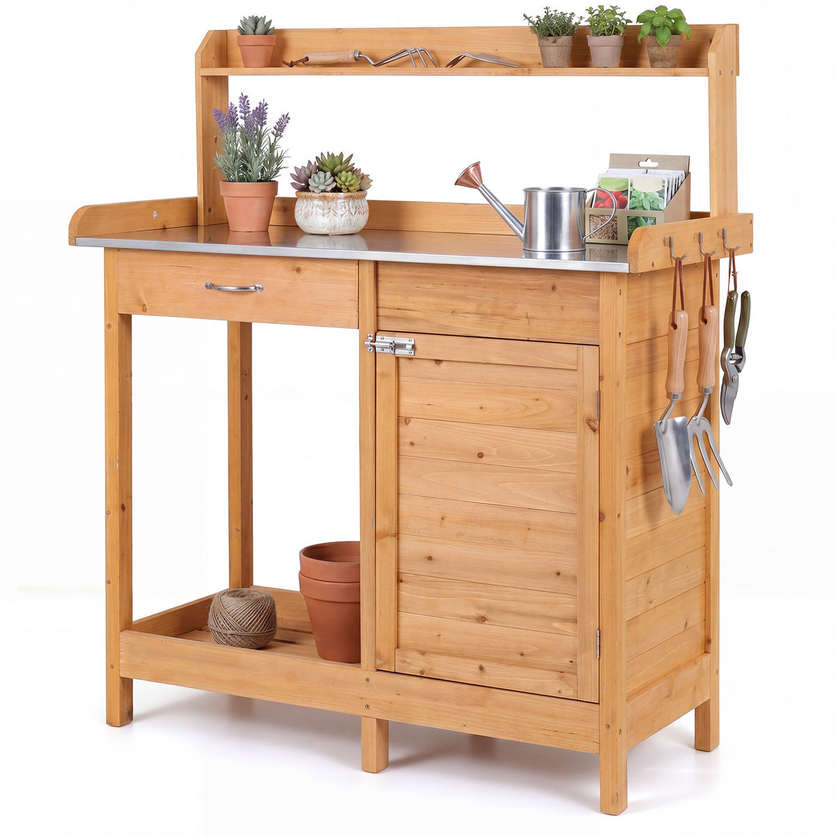 Garden Potting Bench with Stainless Steel Top and Lockable Cabinet for Yard-Yellow