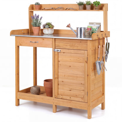 Garden Potting Bench with Stainless Steel Top and Lockable Cabinet for Yard-Yellow