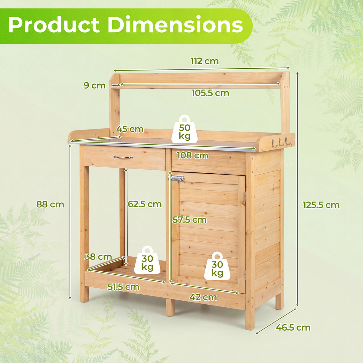 Garden Potting Bench with Stainless Steel Top and Lockable Cabinet for Yard-Yellow
