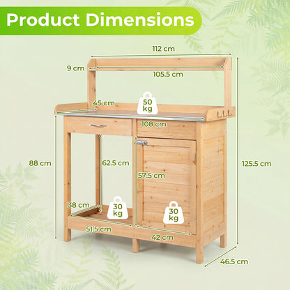 Garden Potting Bench with Stainless Steel Top and Lockable Cabinet for Yard-Yellow