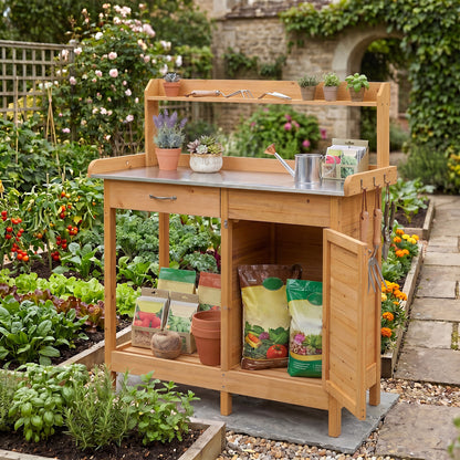 Garden Potting Bench with Stainless Steel Top and Lockable Cabinet for Yard-Yellow