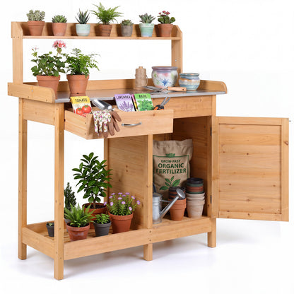 Garden Potting Bench with Stainless Steel Top and Lockable Cabinet for Yard-Yellow