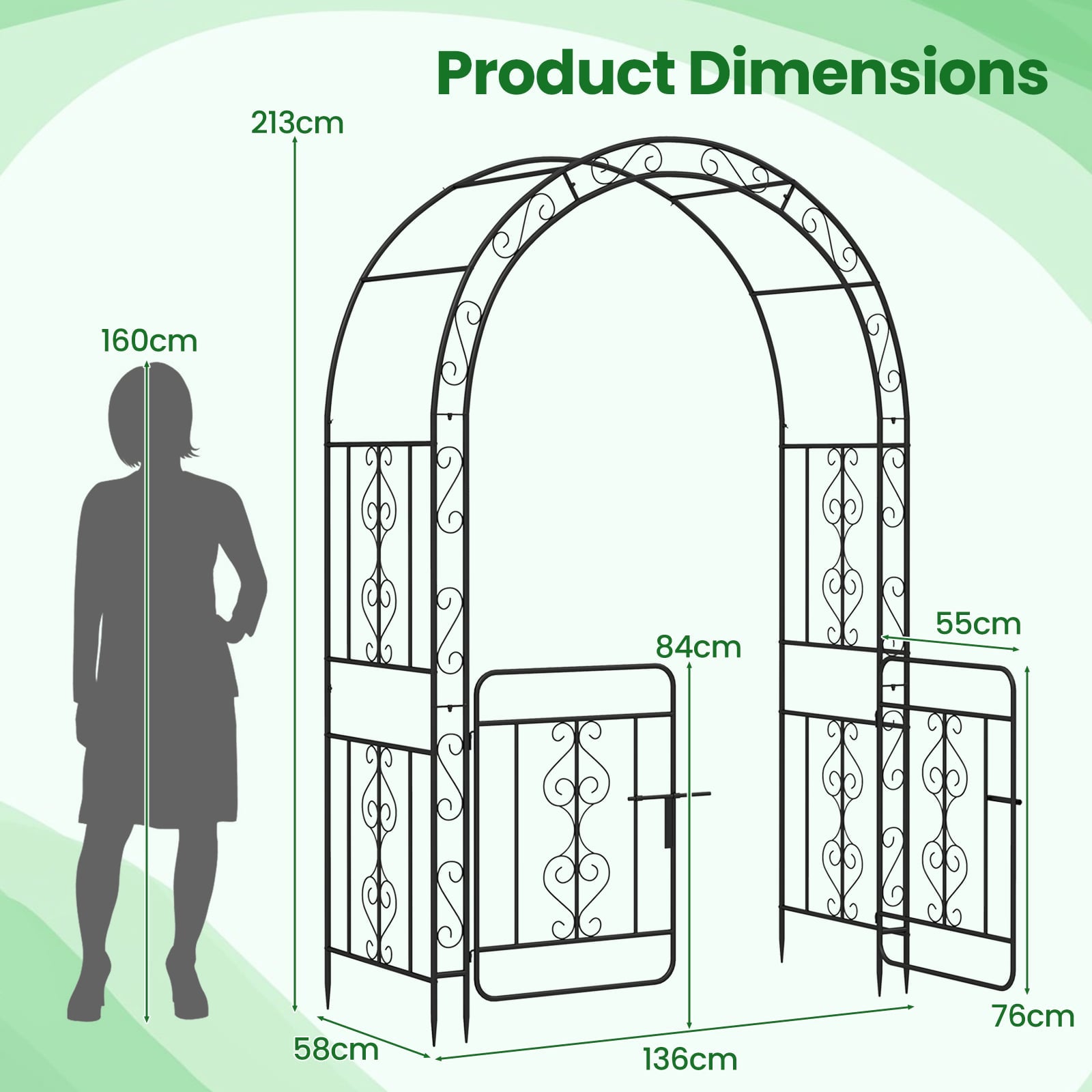 Garden Arbor with Gate and Multiple Side Crossbars for Decoration-Black