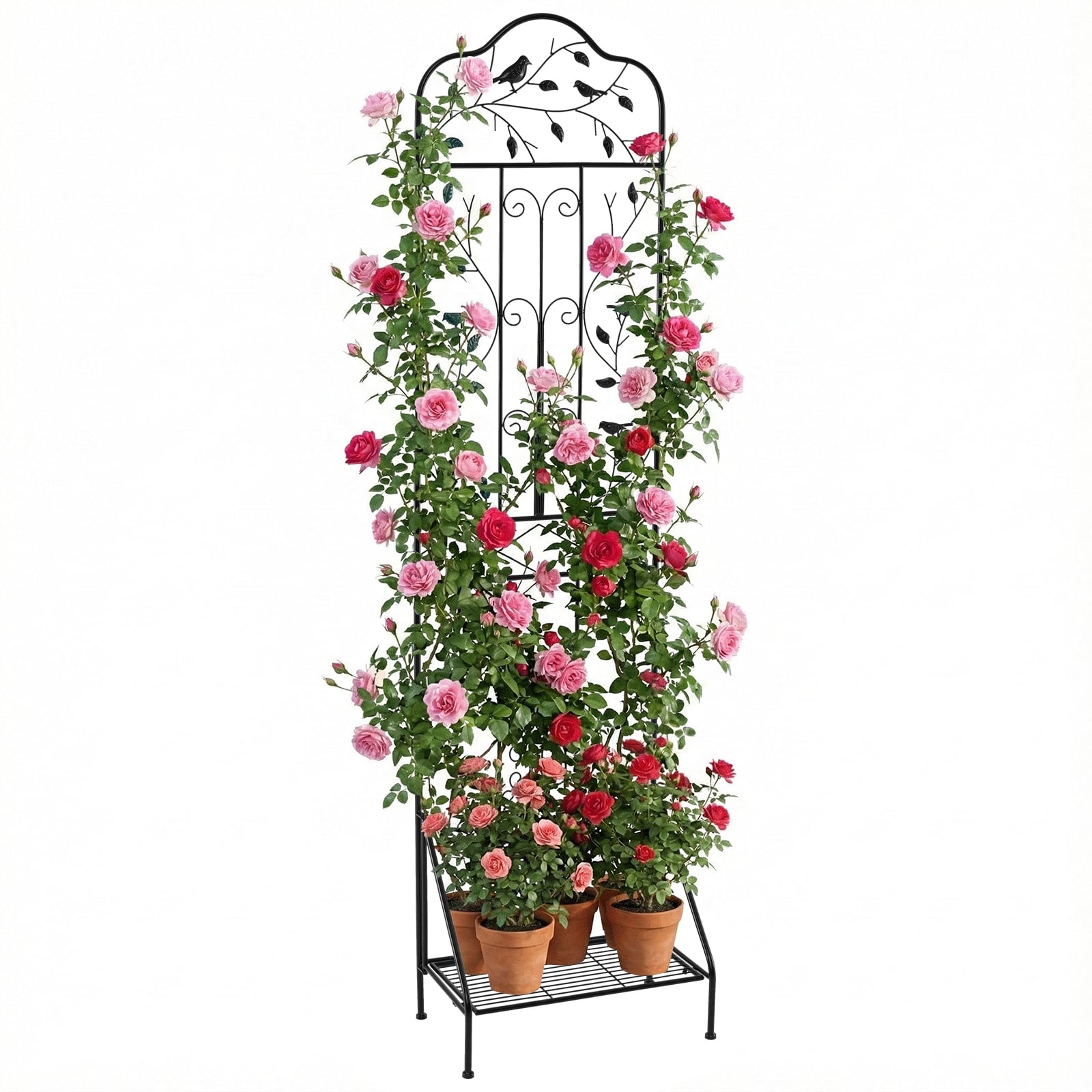 Garden Trellis with Foldable Shelf and Anti-Tipping Device-Black-1 Pack