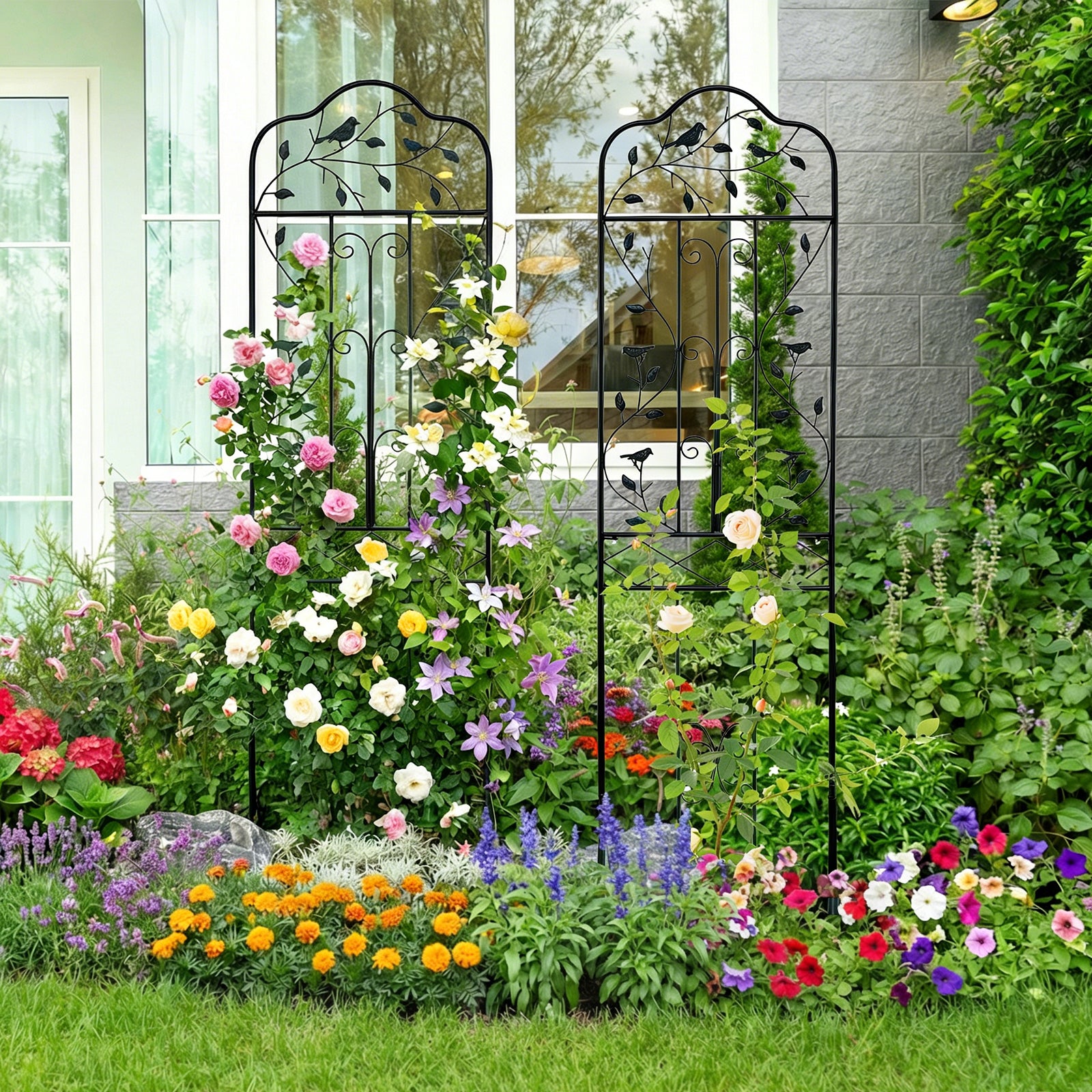 Garden Trellis with Foldable Shelf and Anti-Tipping Device-Black-2 Pack
