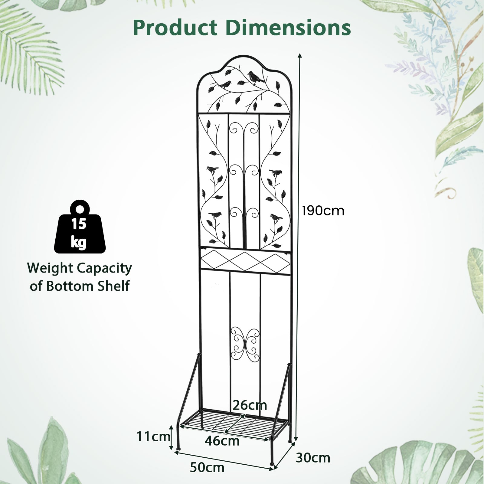 Garden Trellis with Foldable Shelf and Anti-Tipping Device-Black-2 Pack