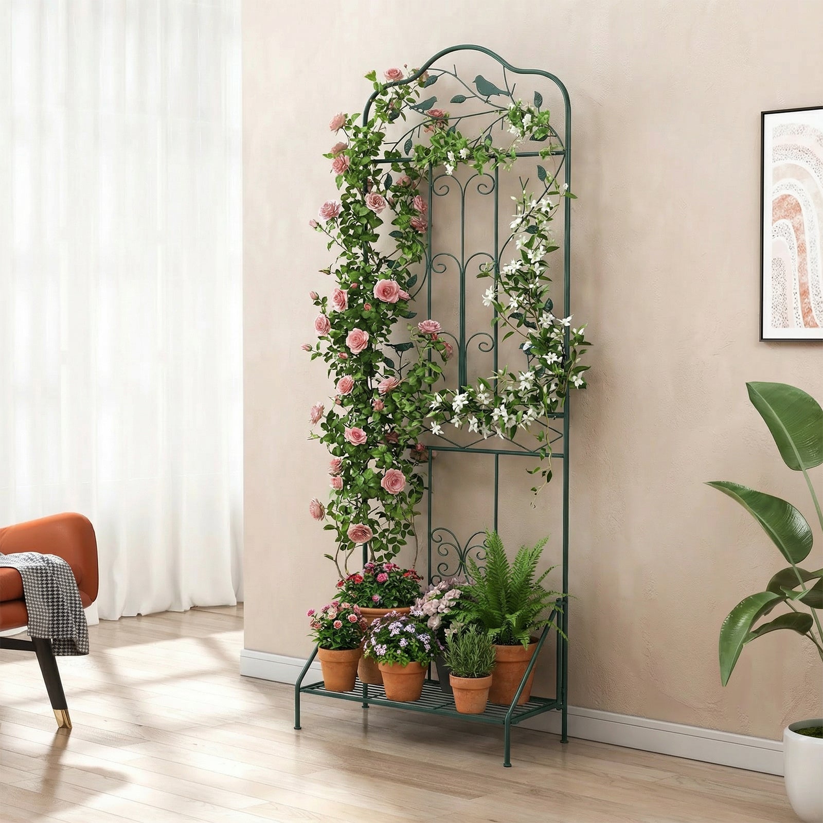 Garden Trellis with Foldable Shelf and Anti-Tipping Device-Dark Green-1 Pack