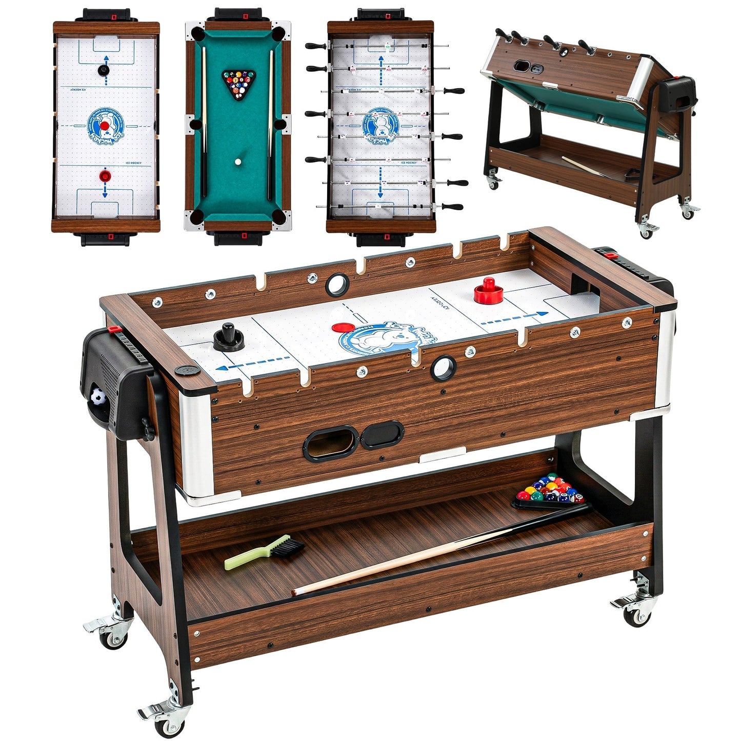 SPORTNOW 3 in 1 Multi Game Table, 3.4ft Reversible Air Hockey Pool Football Games Table with Lockable Wheels, Storage Shelf