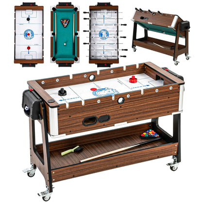SPORTNOW 3 in 1 Multi Game Table, 3.4ft Reversible Air Hockey Pool Football Games Table with Lockable Wheels, Storage Shelf