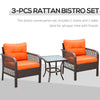 Outsunny 3 Pieces Rattan Bistro Set with Glass Top Coffee Table, Chairs and Cushions for Outdoor, Patio, Balcony, Orange