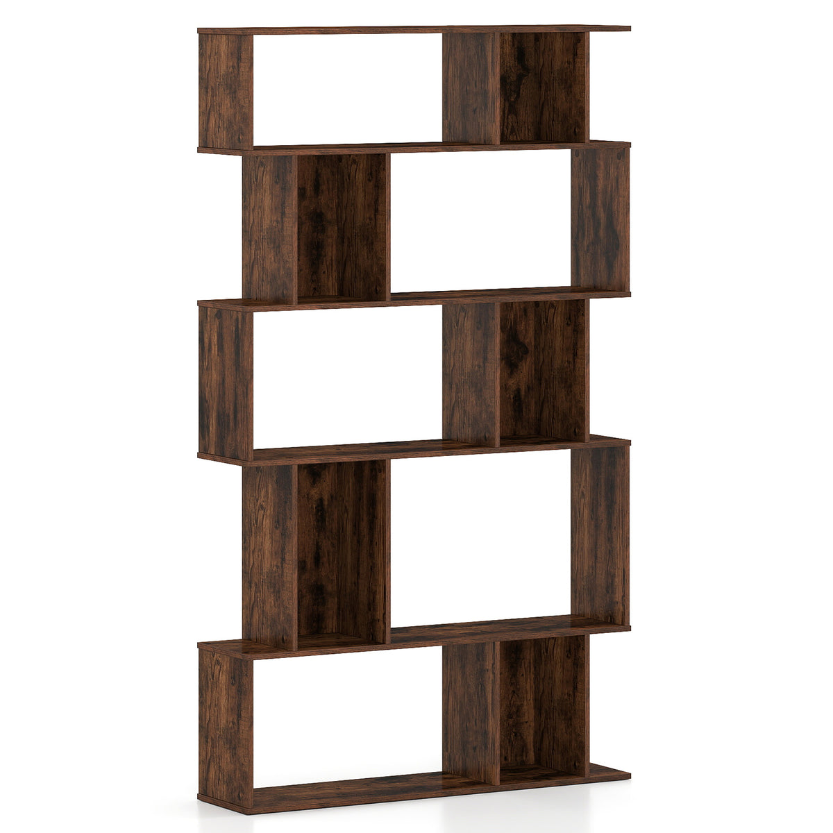 Geometric Bookshelf 5-Tier Bookcase with Open Shelves and Closed-back Cubes-Rustic Brown