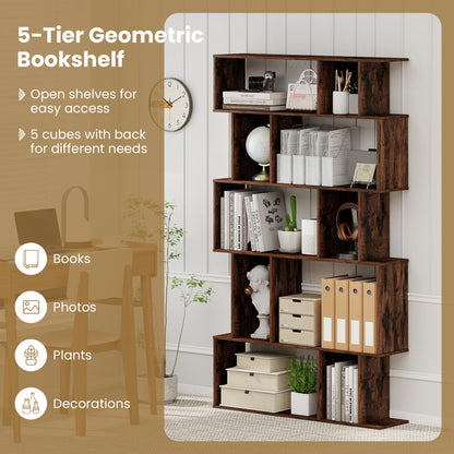 Geometric Bookshelf 5-Tier Bookcase with Open Shelves and Closed-back Cubes-Rustic Brown