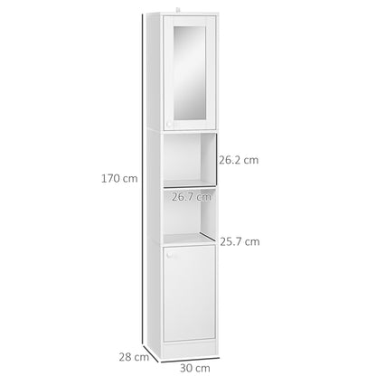 kleankin Tall Bathroom Storage Cabinet with Mirror, Narrow Bathroom Unit, Freestanding Bathroom Cupboard with Adjustable Shelves and 2 Doors, White