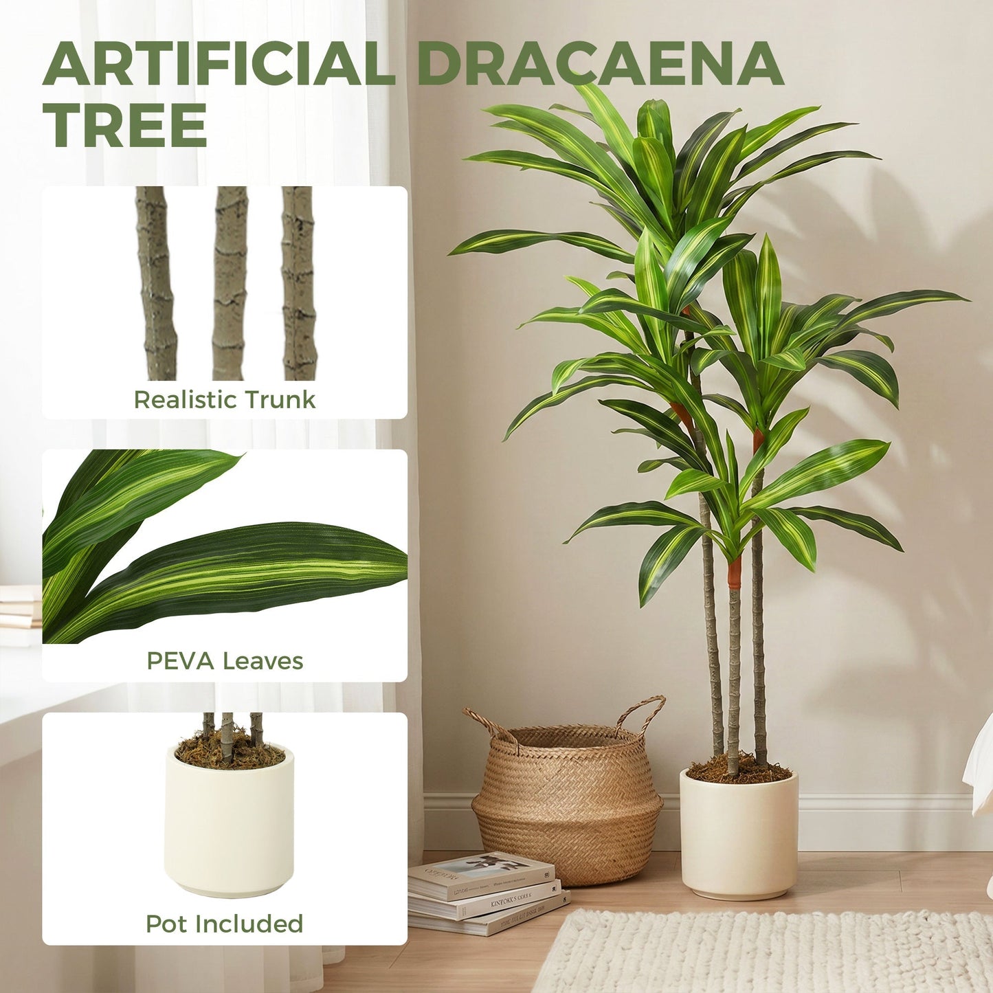 HOMCOM 120cm Lifelike Fake Tree, Artificial Dracaena Tree with Bendable Trunks, Green