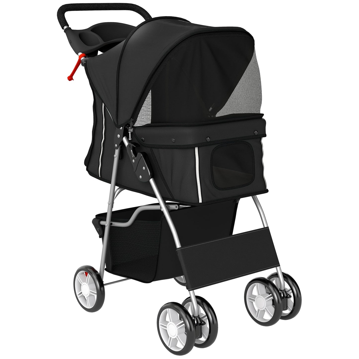 PawHut Dog Pram, Pet Stroller with Reflective Strips, Foldable Cat Stroller with 360 degrees Swivel Wheels, Black