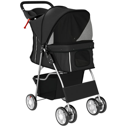 PawHut Dog Pram, Pet Stroller with Reflective Strips, Foldable Cat Stroller with 360 degrees Swivel Wheels, Black