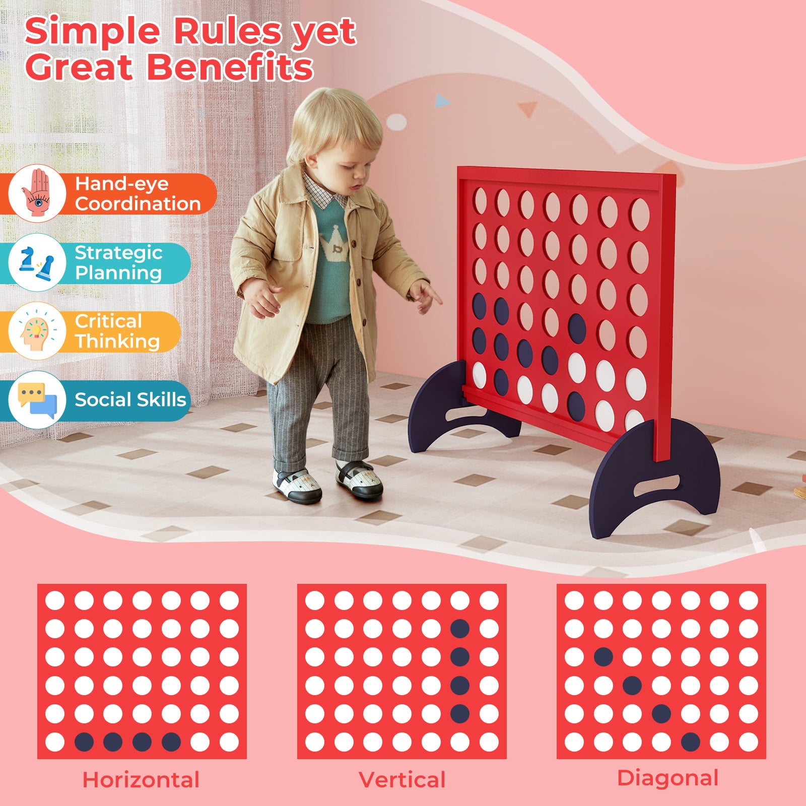 Giant 4-to-Score Game Set with Carrying Bag and 42 Pieces Jumbo Rings-Red