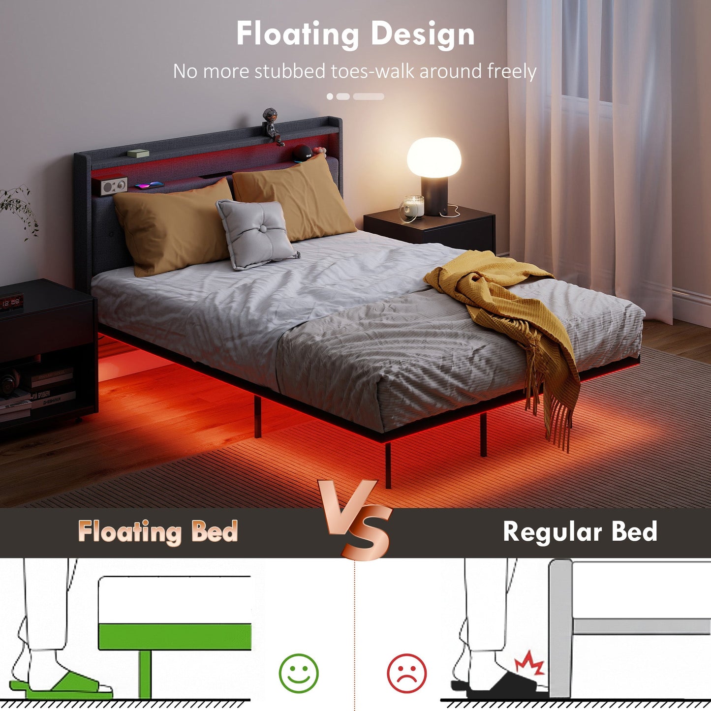 إطار سرير عائم من هوم كوم، سرير مزدوج منجد بمقاس 4 قدم 6 بوصة، سرير منصة بإضاءة LED RGB ومحطة شحن، لون رمادي