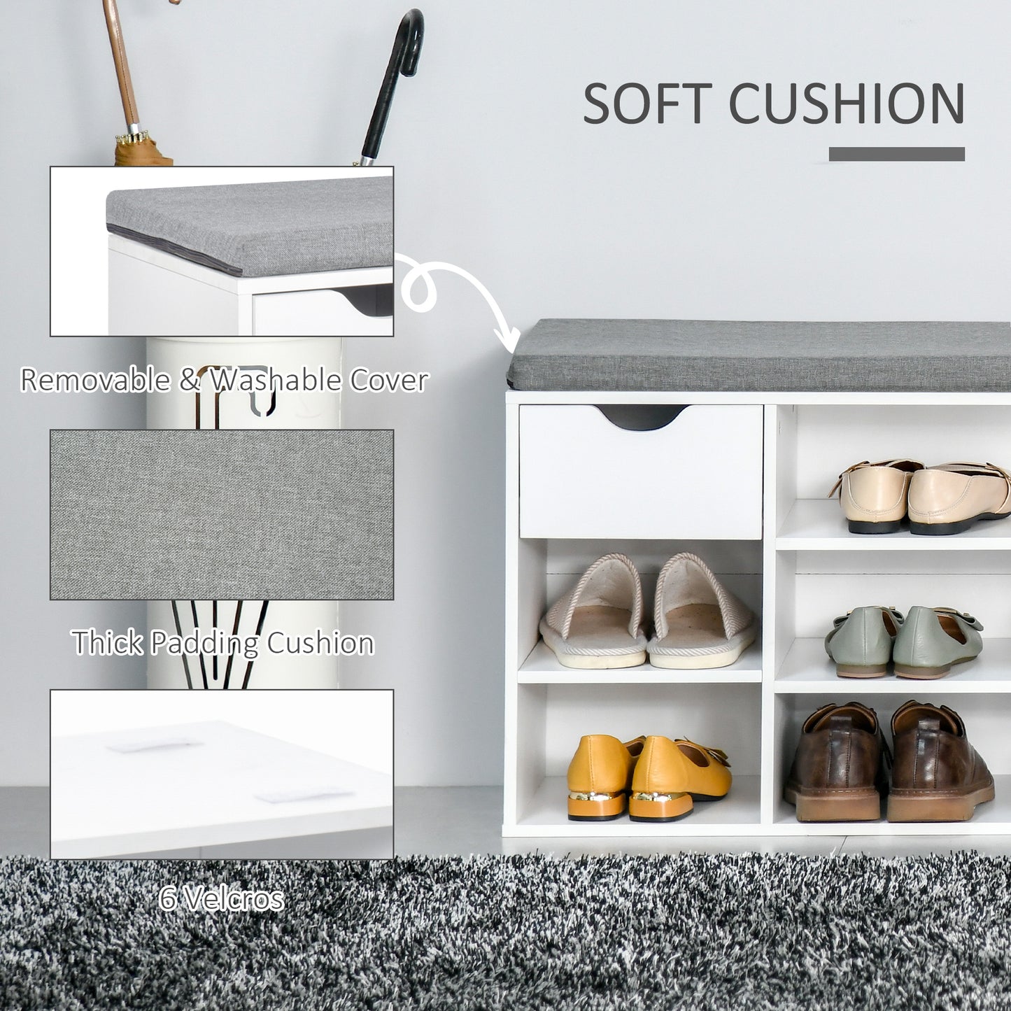 HOMCOM Shoe Storage Bench with Cushion - White