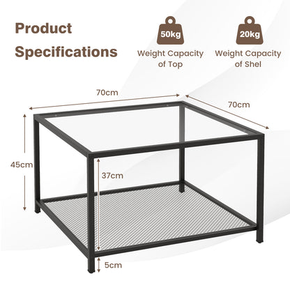 Modern 2-Tier Square Glass Coffee Table with Storage-Black