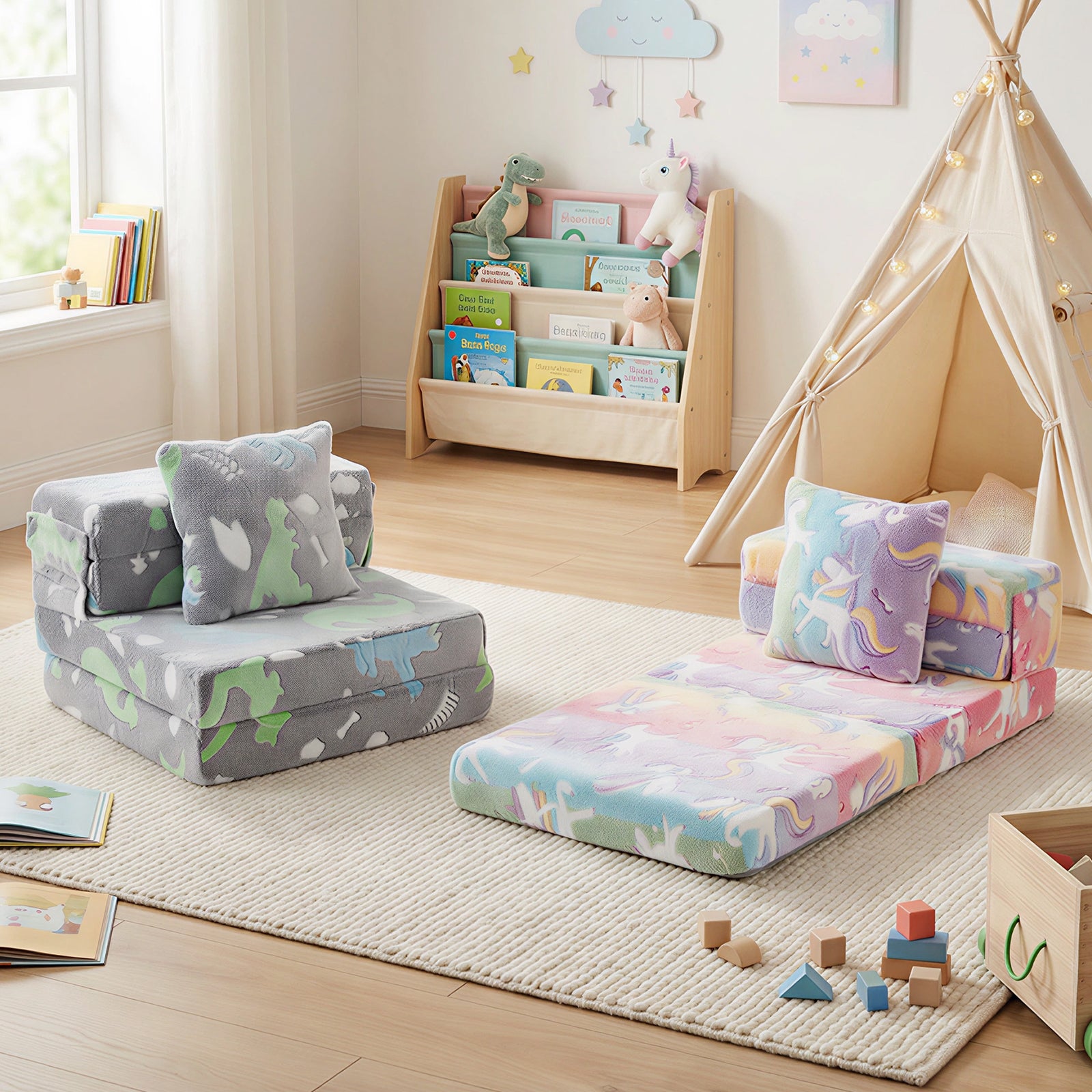 Glow In the Dark Kids Couch with Washable Zippered Covers and Extra Pillow-Colourful