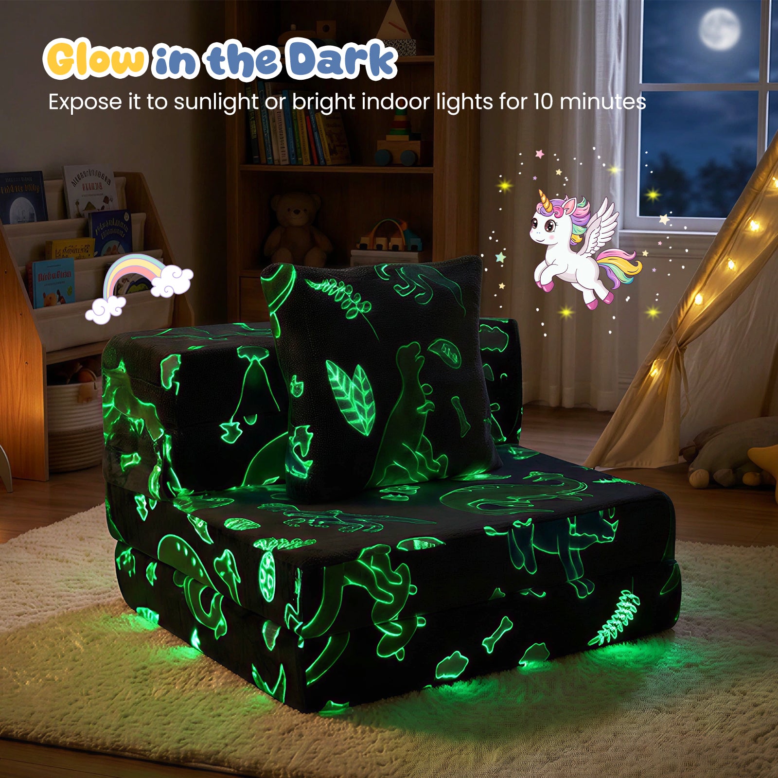 Glow In the Dark Kids Couch with Washable Zippered Covers and Extra Pillow-Grey