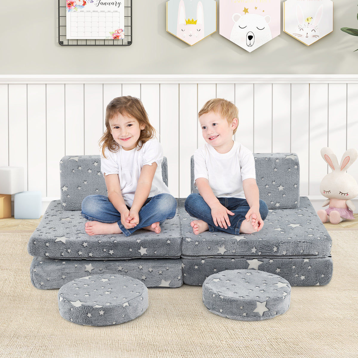 Glow in the Dark Modular Kids Play Couch Set with Machine-washable Flannel Covers and Portable Handles-Grey