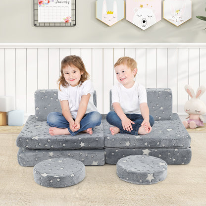 Glow in the Dark Modular Kids Play Couch Set with Machine-washable Flannel Covers and Portable Handles-Grey