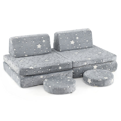 Glow in the Dark Modular Kids Play Couch Set with Machine-washable Flannel Covers and Portable Handles-Grey
